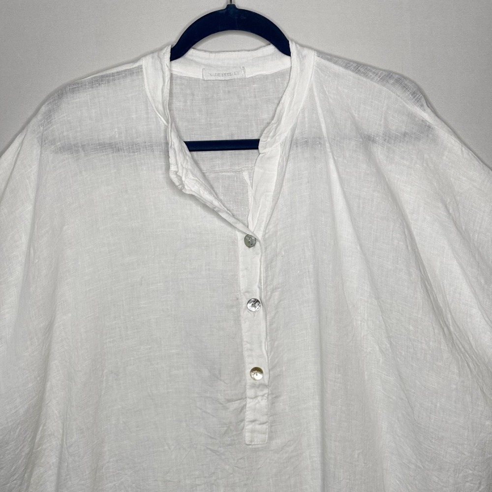 Made in Italy White Linen Oversized Henley Tunic Tent Dress Short Sleeve OS - Picture 4 of 9